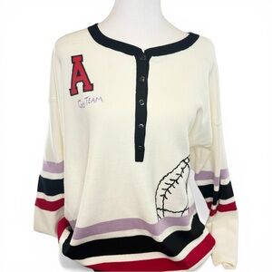 Anthropologie, Go Team Embroidered Henley Cream & Black Baseball Sweater